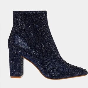 Sparkly Fully-Rhinestoned Navy Betsey Johnson Ankle Boots Sz. 8.5